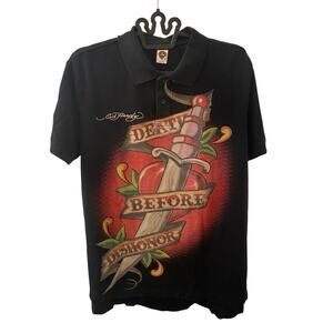 Y2K Ed Hardy Christain Audiger Distressed Black Print Polo Shirt Size Large